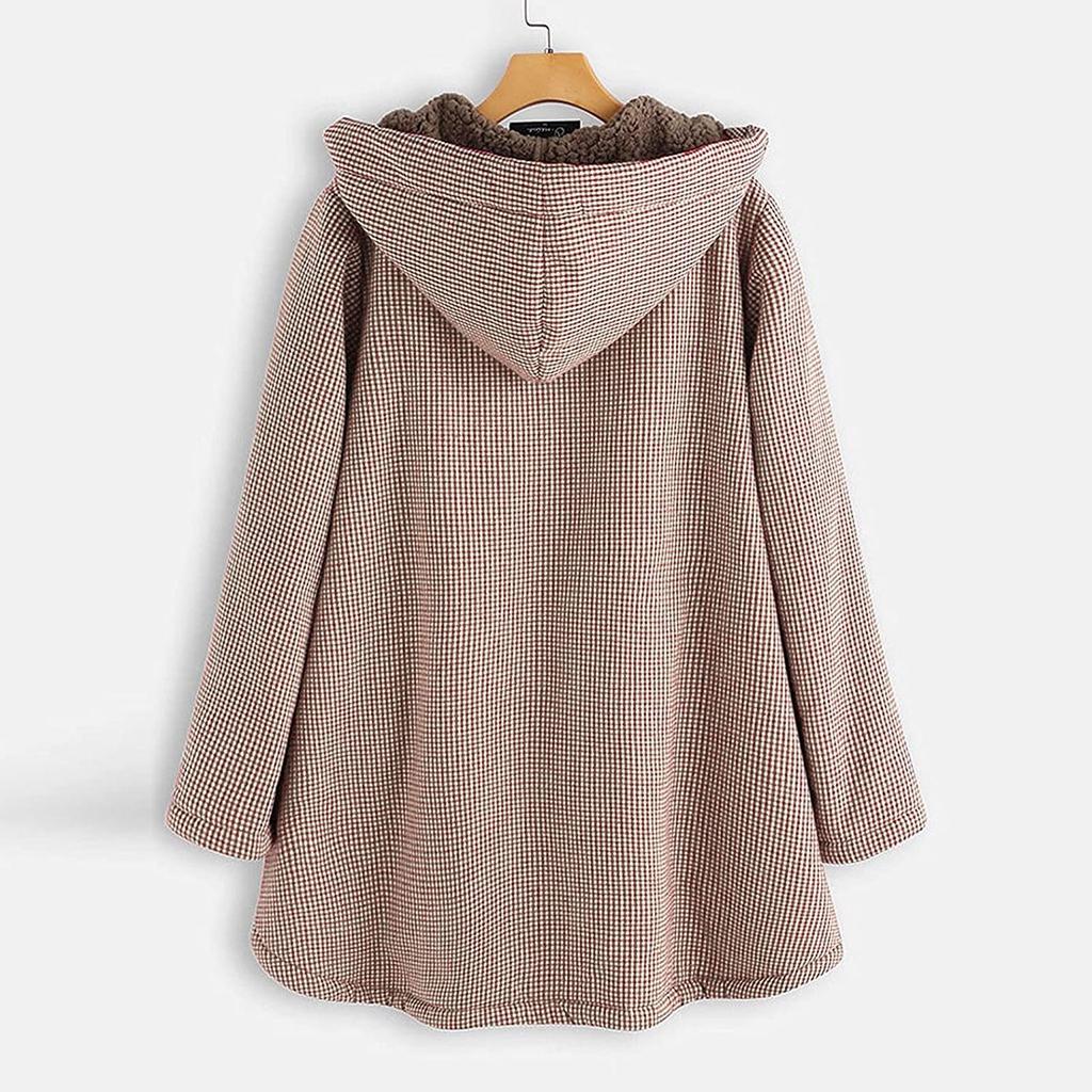 Plus Size Winter Warm Women Vintage Plaid Asymmetrical Button Hooded Outwearcoat