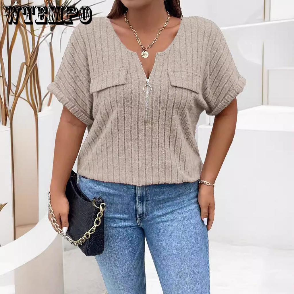 Spring and Summer Solid Color Women's Oversized Clothing Tops Zipper Short Sleeved Mock Pocket Pullover T-shirt Simple Loose Fitting Comfort