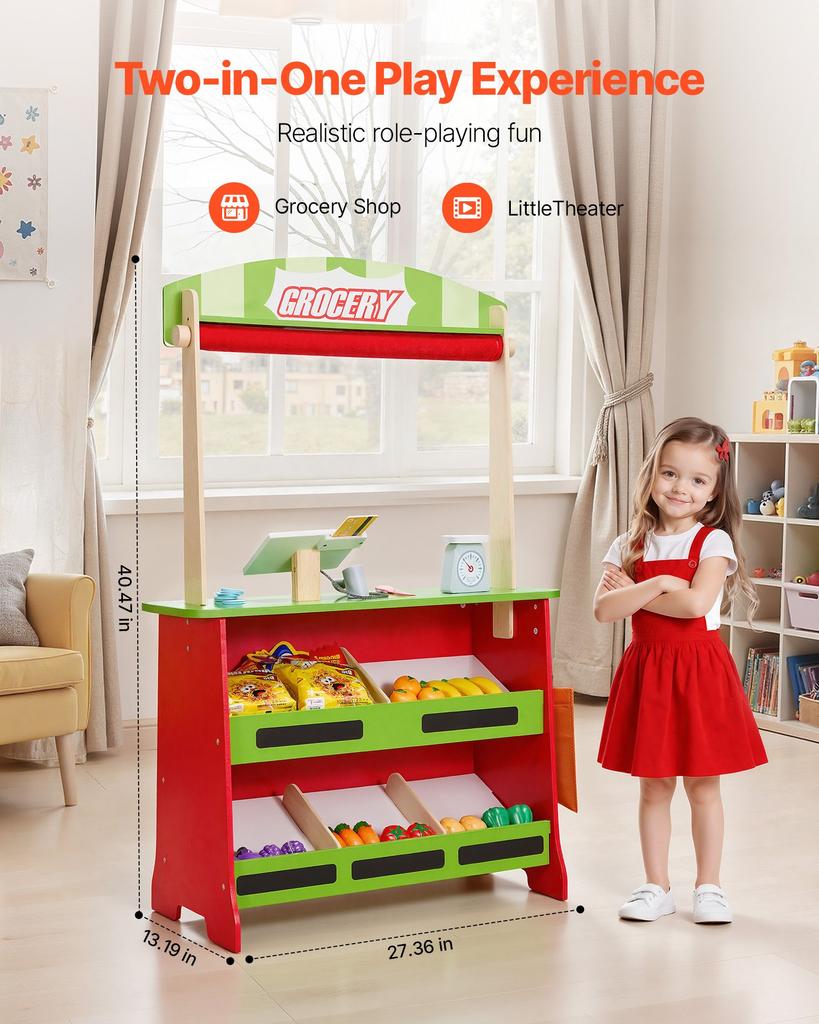 VEVOR Wooden Puppet Theater with Curtains, 2-in-1 Reversible Play Store, Double-Sided Grocery Store Playset with Chalkboard & Cash Register