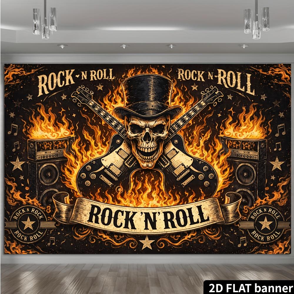 2D Plane Rock "RO N ROLL" Theme Background Banner Featuring Hat-wearing Skeleton with Dual Electric Guitars Elements