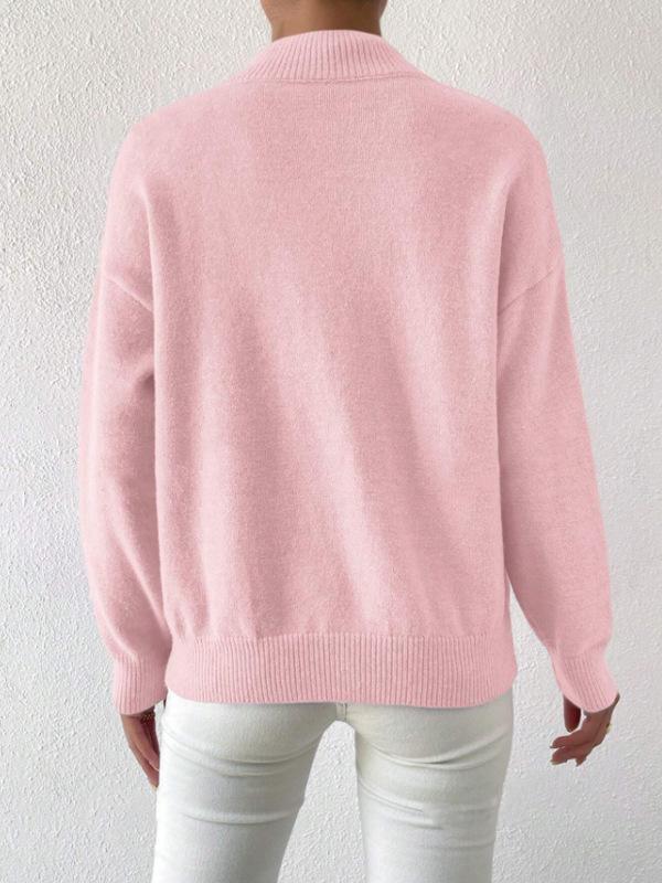 Women's Solid Color Loose Knit Sweater - Half-High Neck, Long Sleeve, Autumn/Winter Fashion.