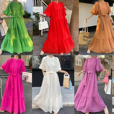 Стильное повседневное однобортное платье с воротником-стойкой и рукавами-фонариками для женщин, осеннее, с завязками на талии, утягивающее, длинное платье с оборками