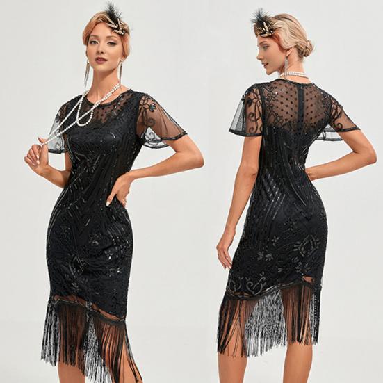 Женское выпускное платье в винтажном стиле с ажурным кружевом, кисточками и пайетками, прозрачным круглым вырезом, короткими рукавами, облегающим фасоном, застежкой-молнией сзади, банкетное платье