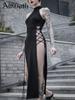 AltGoth Mall Goth Split Длинное платье Женское Винтажное Киберпанк Харадзюку Гранж Ажурное Шнуровка Холтер Без Рукавов Черные Платья