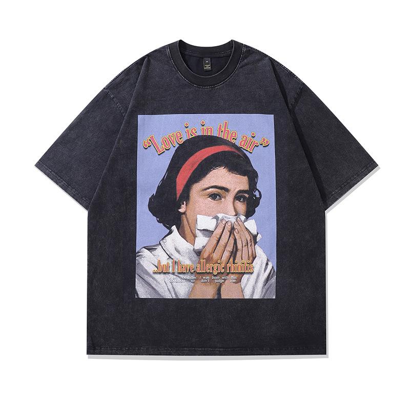 Summer Heavy Cotton Washed Vintage Top Harajuku Street Retro Printed Short-Sleeved T-Shirt Men Ins