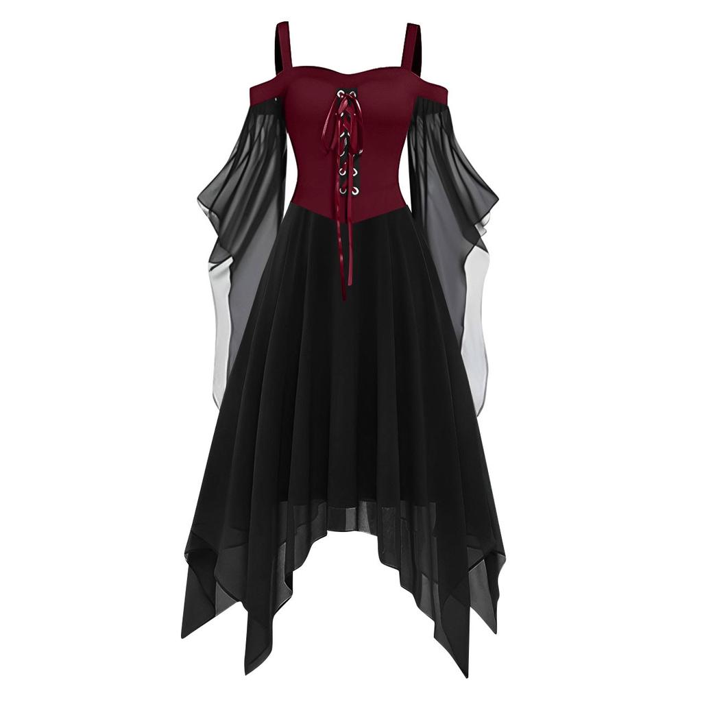 Cold Women Casual Size Plus Shoulder Dress Solid Color Chiffon Butterfly Sleeve Gothic Dress