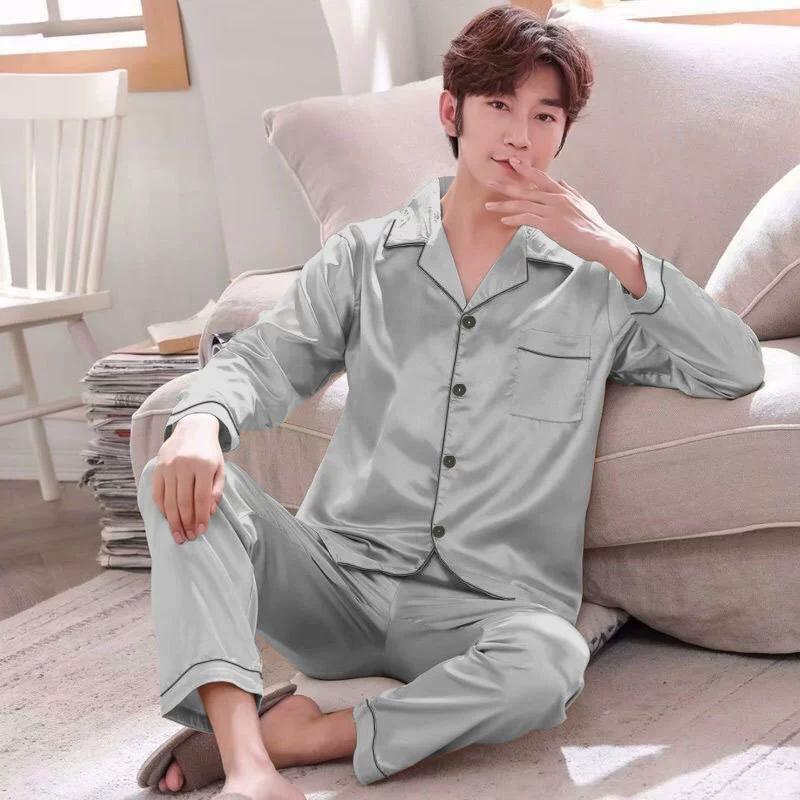 Men's Spring and Autumn Thin Lapel Ice Silk Thin Button Section Top + Wide-leg Trousers Home Two-piece Set