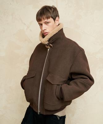 Sperone Oversized Minimal Pocket Zip-Up Shearling Jacket (Brown)