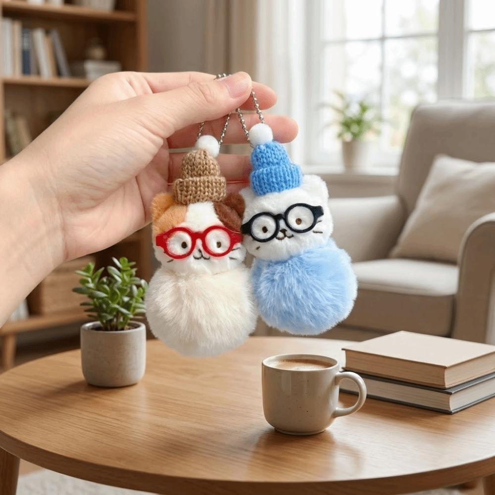 2pcs Cute Glasses Kitty Pendant Cartoon Magnetic Dog Keychain Fashion Plush Doll Keychain Friend