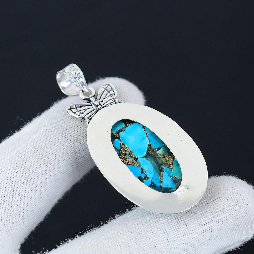Серебряный кулон с натуральным медно-бирюзовым драгоценным камнем из стерлингового серебра 925 пробы — дизайн бабочки ручной работы, повседневные украшения, уникальный кулон в подарок