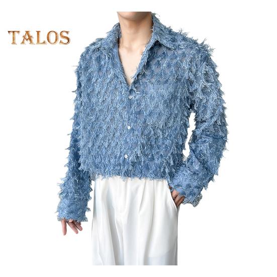 Мужская рубашка с нагрудным карманом и кисточками, отложным воротником, однобортная, с длинными рукавами, однотонная, для праздничной рождественской вечеринки, клубный топ