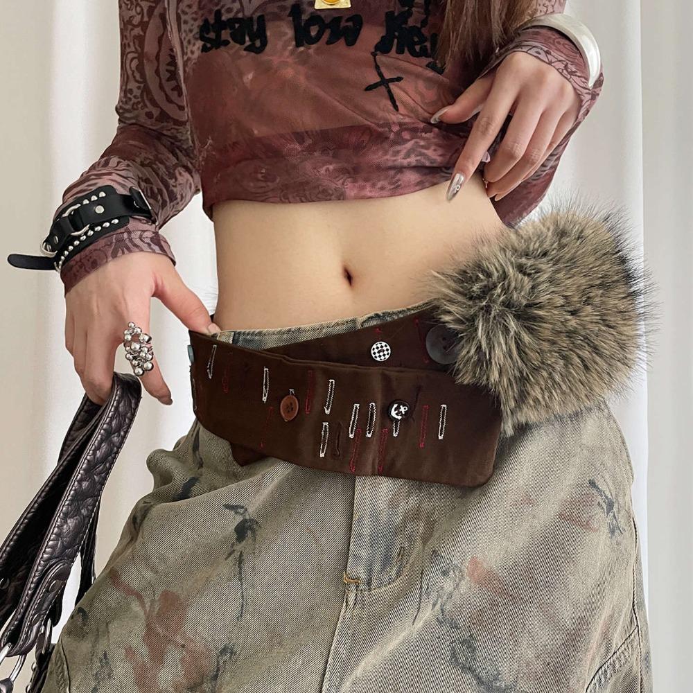 Rivet Furry Fur Belt PU Leather Plush Belt Vintage Y2K Waistband Jeans Decor