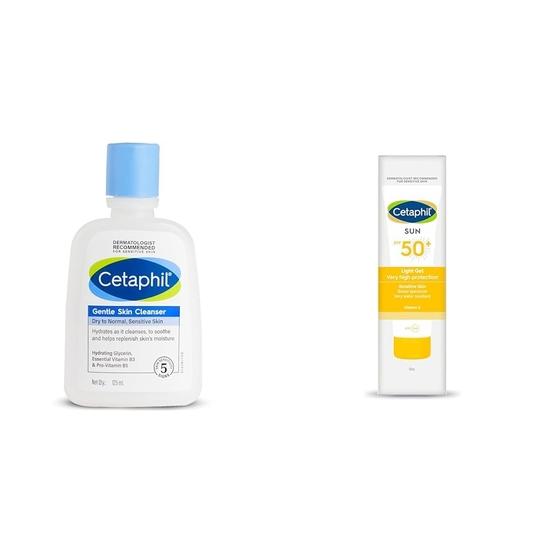 Cetaphil Gentle Skin Cleanser 125 Ml Hydrating, Niacinamide Vitamin B5 , Skin Sun Spf 50 Sunscreen ,Protection Light Gel Water,Vitamin E 50 Ml