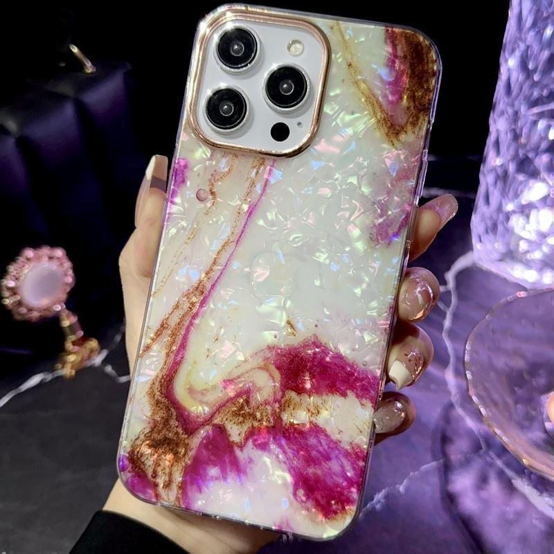 Модный жесткий чехол IMD с принтом мраморной ракушки для iPhone 16 Plus 15 Pro Max 14 Pro 13 12 11, блестящий ударопрочный тонкий чехол для телефона
