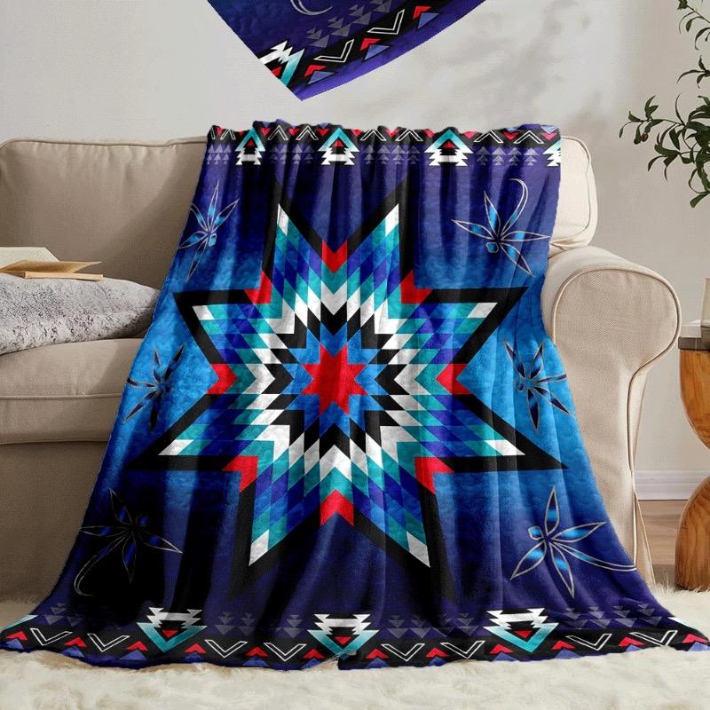 Квилтовое фланелевое одеяло в стиле коренных американских индейцев - Всесезонное юго-западное племенное покрывало со звездой и мотивами бирюзовое