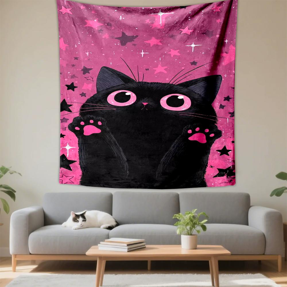 Wall Tapestry - Black Cat Pink Stars Kawaii Cartoon Art for Gift to Fans