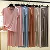 Plus Size M To 6XL U-Neck Short Sleeve Tshirt and Wide Leg Pants Women's Homewear 2pcs Set Summer Modal Pajamas Set Solid Color Casual Sleepwear Suits
