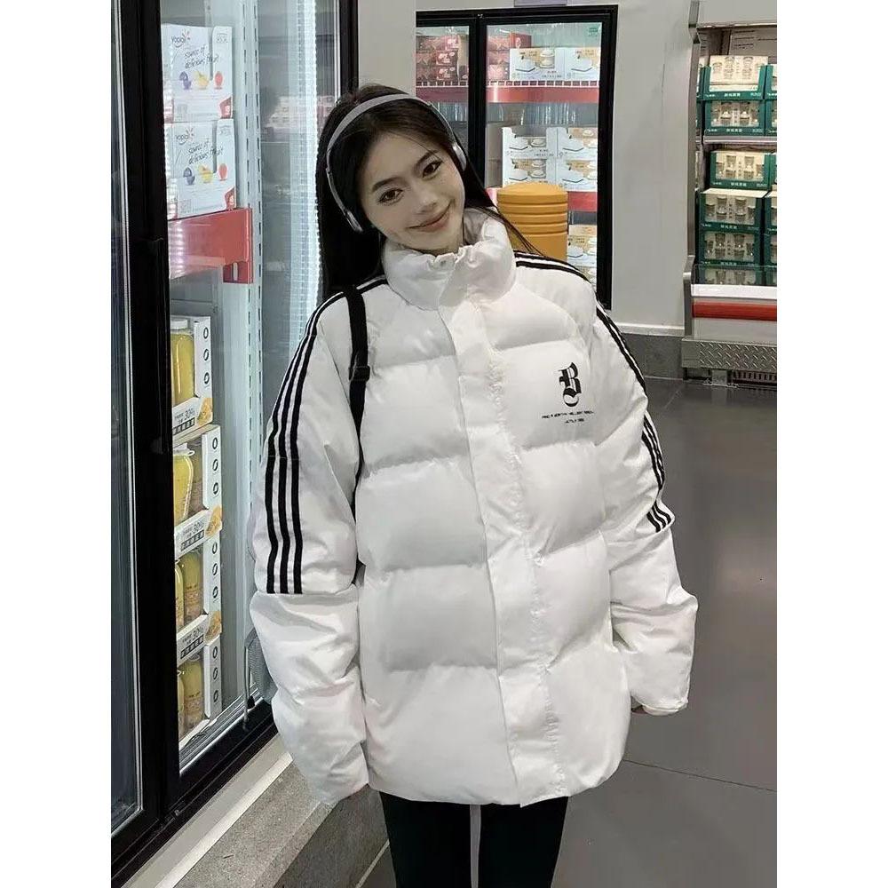 Lazy temperament striped three bars white cotton-padded jacket winter new cold-proof warm cotton-padded jacket