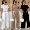 Summer New Fashion Casual Solid Colour Suit T-shirt Wide Leg Trousers Two-piece Set For Women