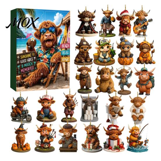 Acrylic Holiday Tree Decorations 2026 Highland Cow Advent Calendar, 2D Flat Festive Collectible Pendants Ornaments, 24 Days Christmas Countdown