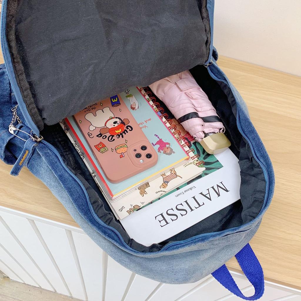 Schoolbag Hot-selling retro denim backpack, sweet and spicy rock style print niche bone pendant, double shoulder women's bag