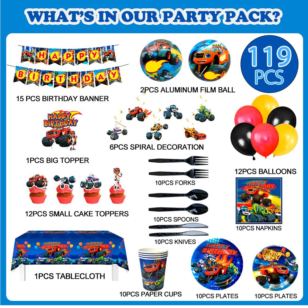 Monster Truck Birthday Party Supplies,119pcs Monster Machines Party Plates and Napkins Cups Table Cloth Banner Balloons Cake Topper Ect