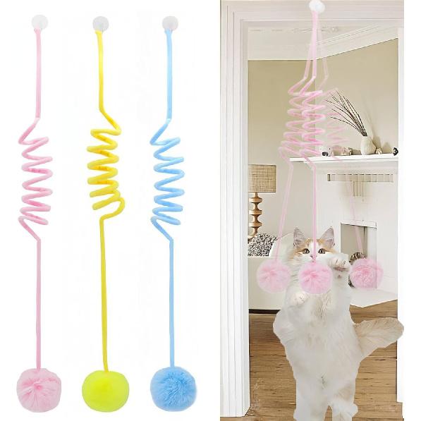 3 Pcs Hanging Fluffy Cat Ball Toys with Bell, Interactive Cat Teaser Retractable Toys Indoor Kitten Chasing and Playing