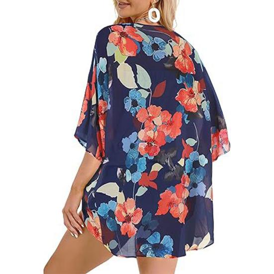 Women Beach Shirt 45720 Sleeve Mid-length Sunscreen Tops Floral Print Breathable Loose Fit Beach Shawl