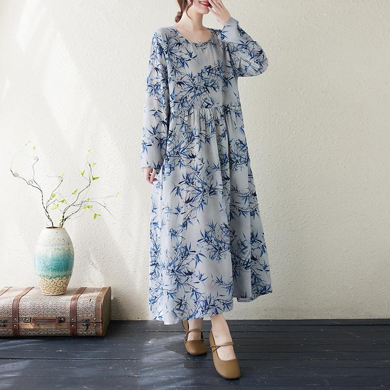 Осеннее хлопковое конопляное платье с круглым вырезом, свободного размера, с длинным рукавом, для женщин, винтажные платья в стиле бохо