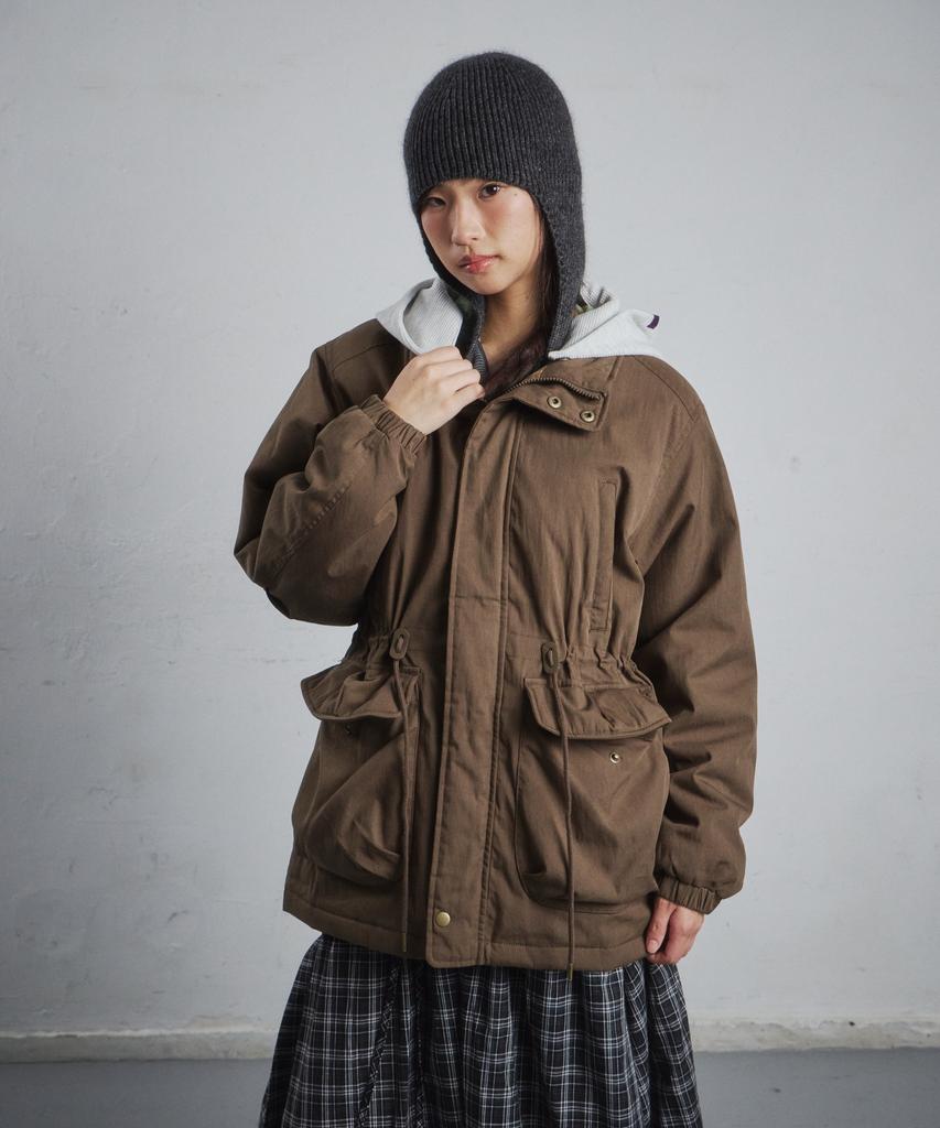 CGP (женщины) Утепленная парка с капюшоном и контрастной клеткой - Темно-коричневая