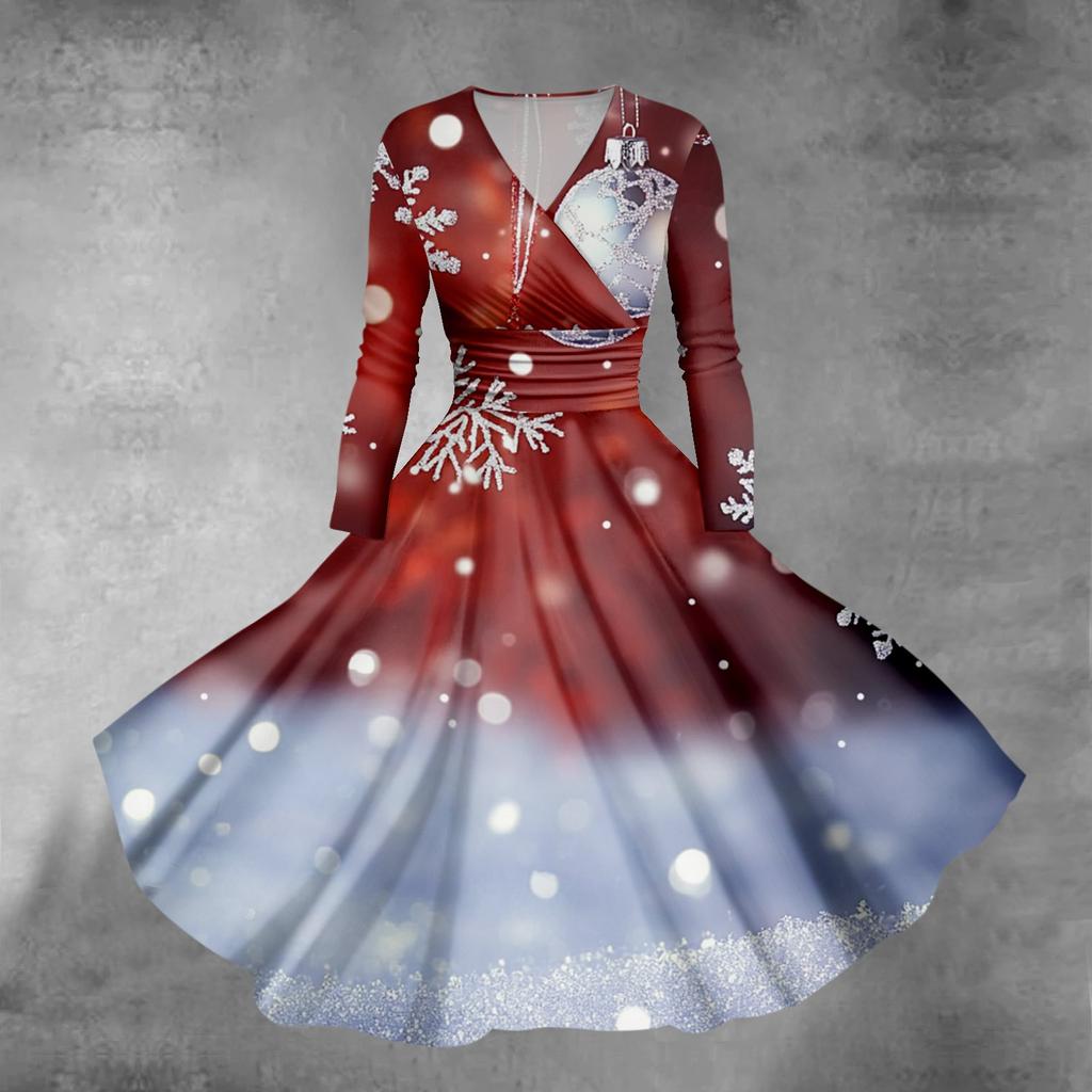 Женское облегающее платье свободного кроя с принтом рождественской елки и снежинок, V-образным вырезом и длинными рукавами