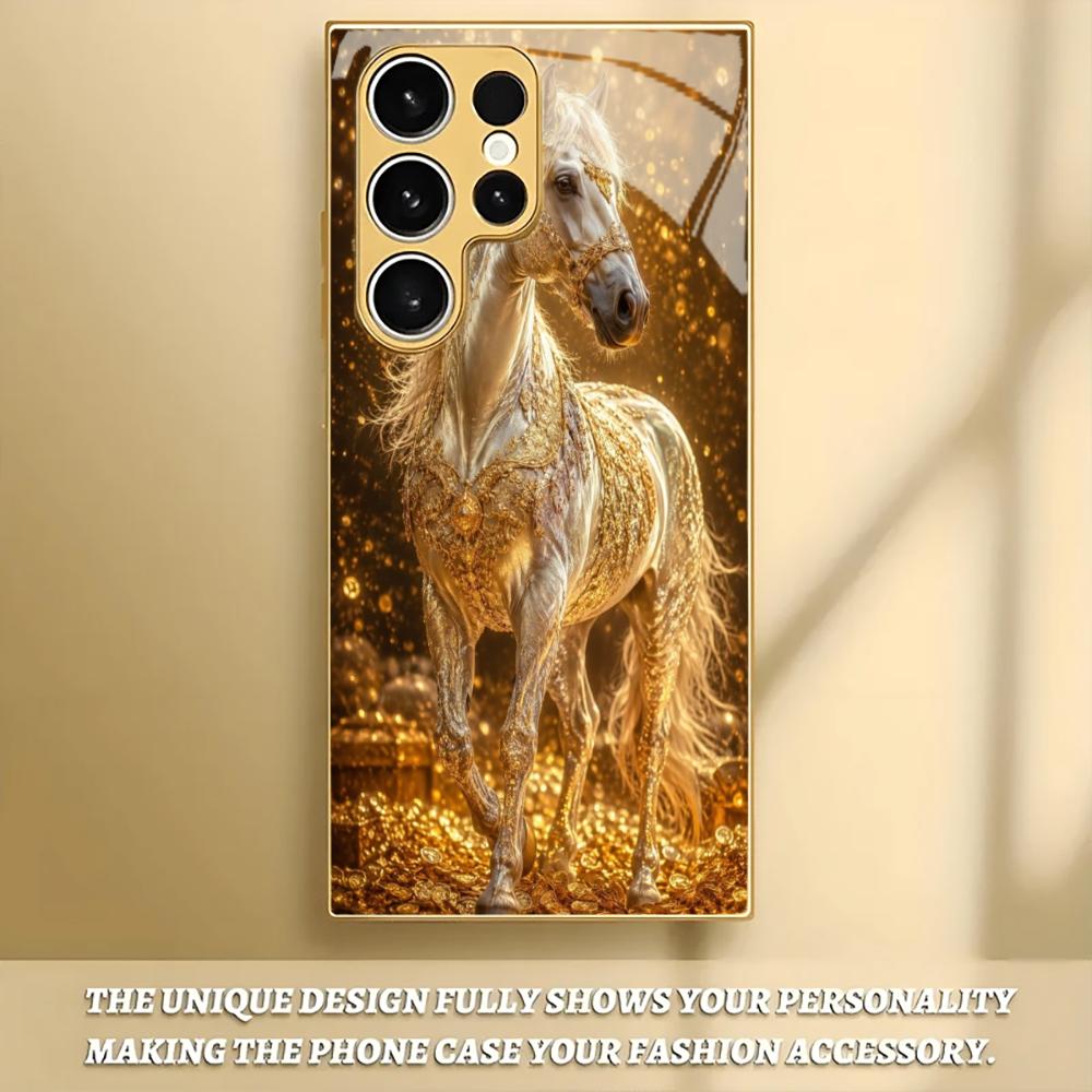 Electroplated Gold Shockproof Phone Case For Samsung Galaxy S26/S25 Edge/S24/S23 FE Ultra Featuring Lucky Golden Horse Design