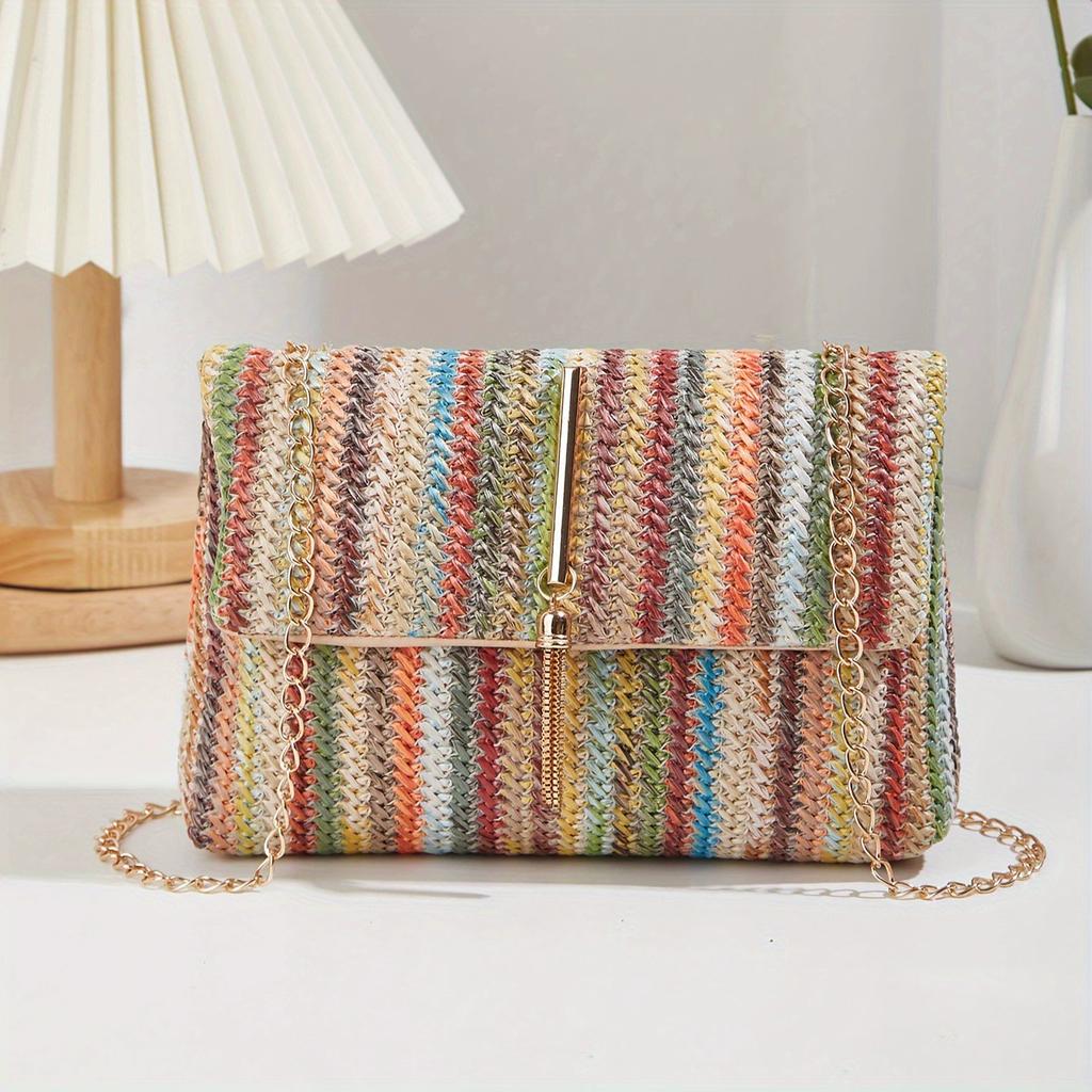 Женская модная соломенная сумка через плечо с кисточками, повседневная квадратная сумка на плечо в полоску, классический кошелек-клатч для повседневного использования