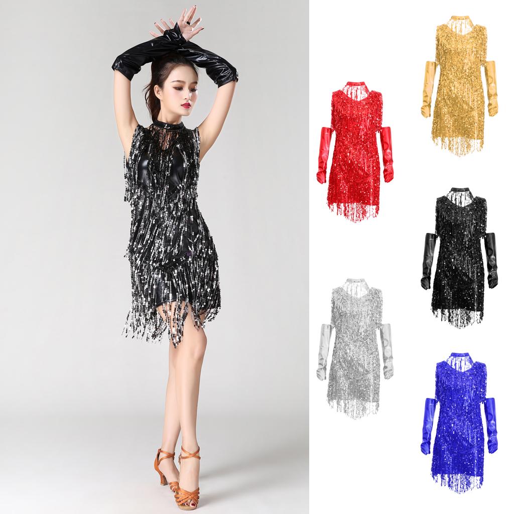 V Neck 1920s Sequin Fringe Charleston Flapper Latin Dance Dresses Costumes Dancewear