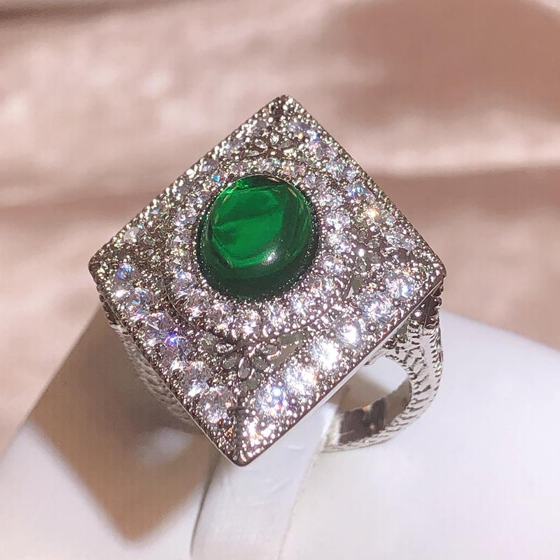 Новые полые ретро кольца в форме ромба для женщин, зеленый циркон, серебристый цвет, ювелирное кольцо, классическое свадебное обручальное ювелирное изделие с полным сверлом