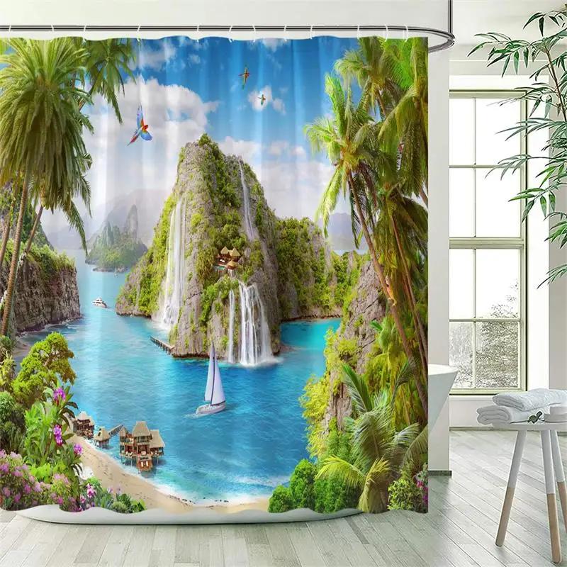 Ocean Landscape Shower Curtain Beach Palm Trees Parrots Dolphins Sea Waves Nature Scenery Bath Curtains Fabric Bathroom Decor