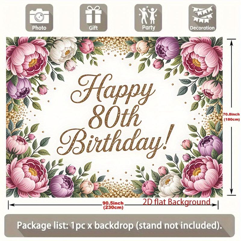 1pc Birthday 80th Floral Elegant Hanging Banner Golden Polyester