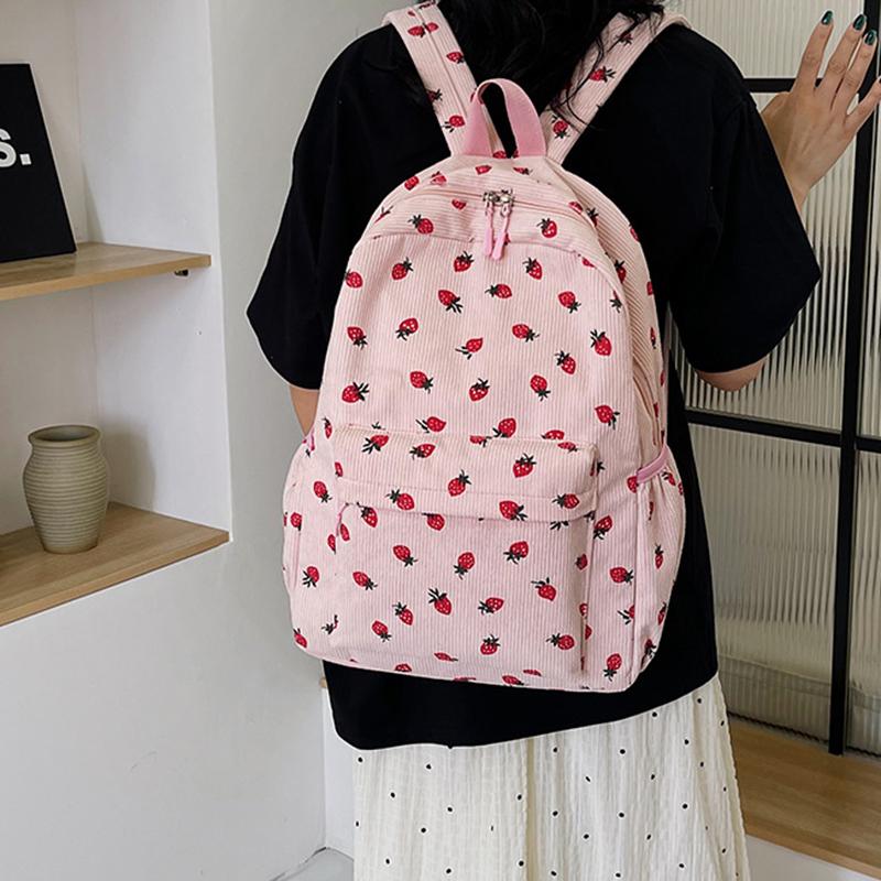 Вельветовый рюкзак с клубникой, повседневный дорожный рюкзак, большая вместимость, модный подростковый рюкзак, регулируемый ремешок для путешествий на открытом воздухе AVE