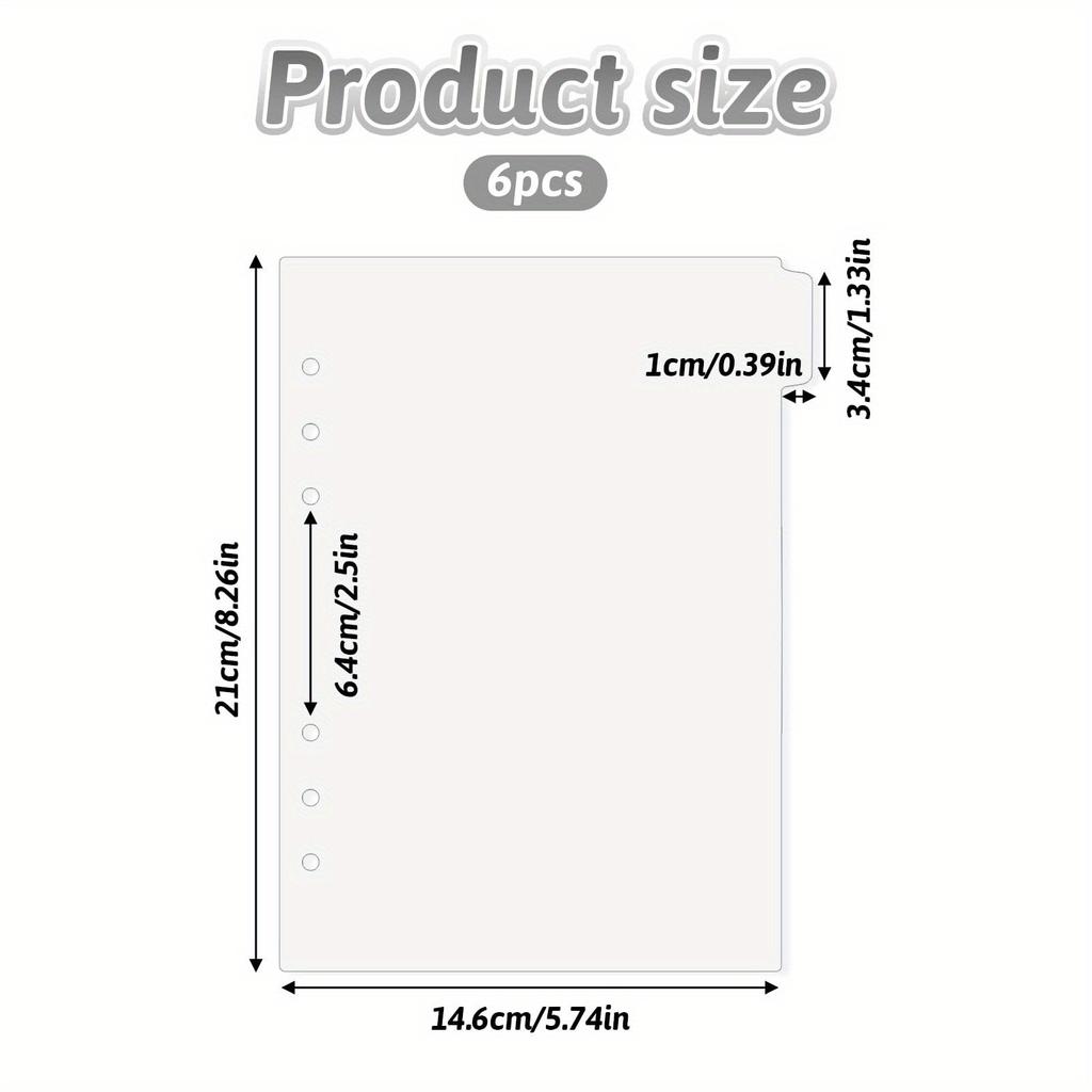 6 шт. Разделители для папки А5, Вкладыши для планера, 6 вкладок, Прозрачные акриловые индексные разделители, Сменные протекторы страниц для блокнота с 6 кольцами (A5)