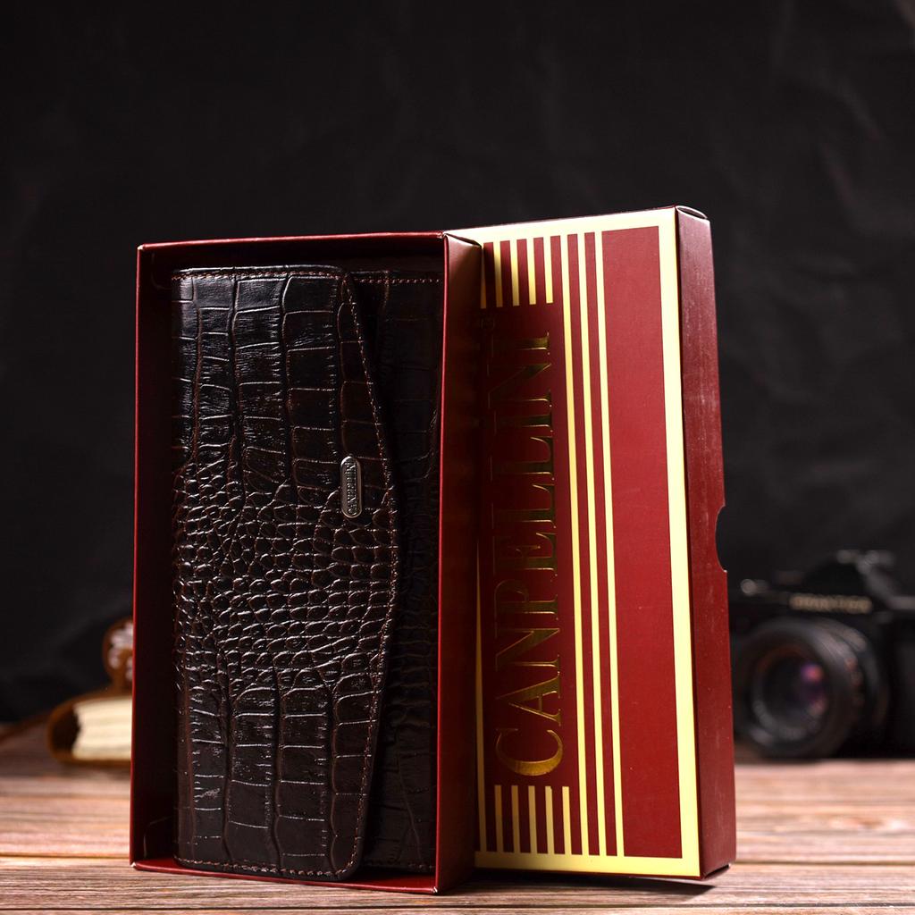 Fashionable Wallet for Women Made of Genuine Textured Leather with Crocodile Embossing CANPELLINI 21726 Brown