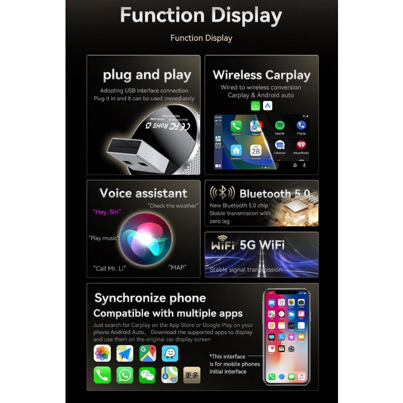 2IN1 Wireless Carplay Adapter Wired To Wireless Carplay Adapter with Car Clock for OEM Car Navigation System Plug & Play
