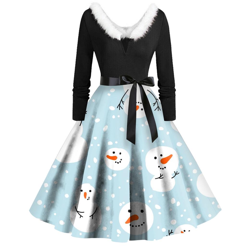 Women Vintage Long Sleeve Christmas Print 1950s Housewife Evening Party Prom Dress