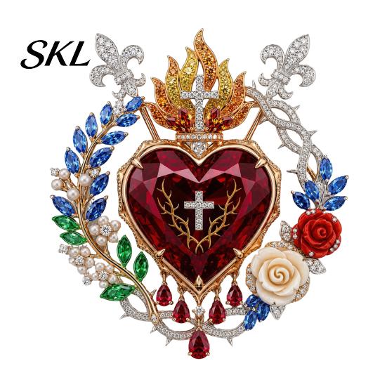Religious Jewelry 1/2Pcs Radiant Sacred Heart Floral Faux Gemstone Brooch, Christian Pin for Women, Vintage Style Symbol Pin, Coat Dress Scarf,