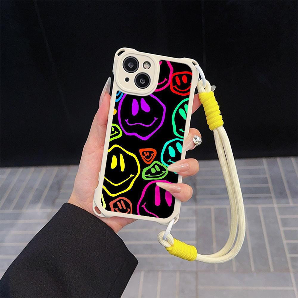Мягкие чехлы для телефонов Ae88 Lovely Smiley Art для iPhone 16 15 14 13 12 11 Pro Max XR с ремешком на запястье, защитной крышкой для углов