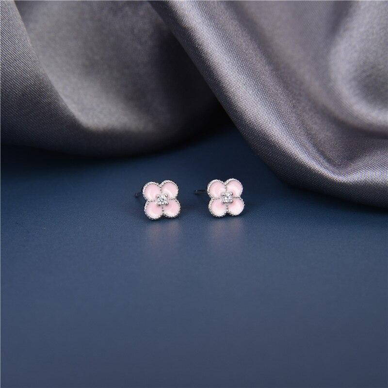 Серьги из стерлингового серебра S925, серьги-гвоздики с четырьмя листами клевера для женщин, розовая наклейка из смолы, украшения для ушей