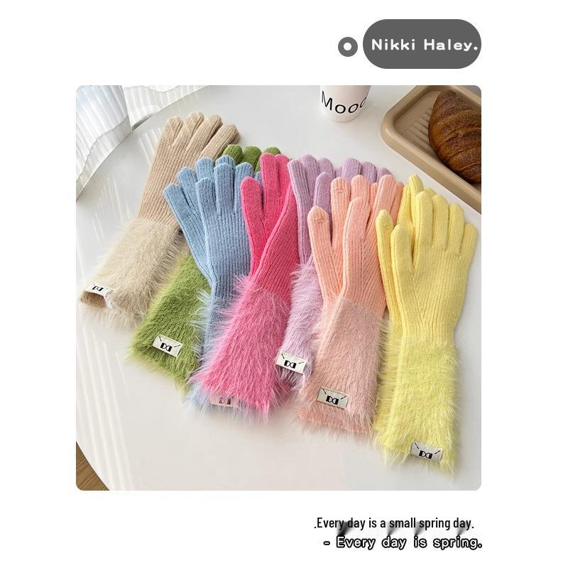 Осень и Зима Дофаминовый Однотонный Теплый Вязаный Варежки с Пятью Пальцами - Универсальные, Милые, Длинный Велосипедный Рукав для Девочек