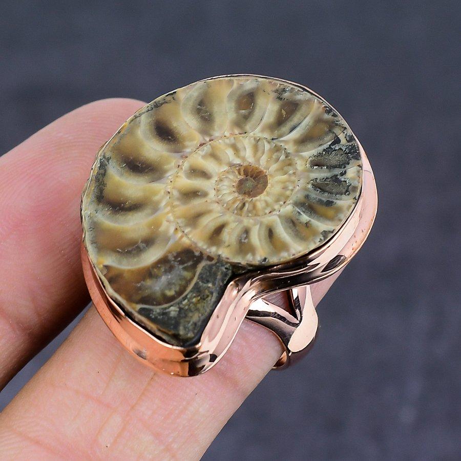 Ammonite Fossil Gemstone Copper Jewelry Ring Size 9