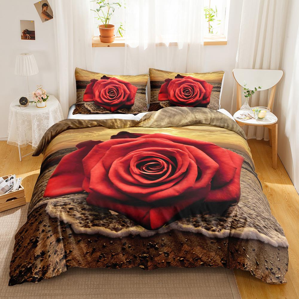 Набор пододеяльников с красными розами King/Queen Size Мягкий Роскошный Абстрактный Цветочный Современный Ярко-Красный Романтичный 2/3 шт. Полиэстер Покрывало для одеяла Инструмент