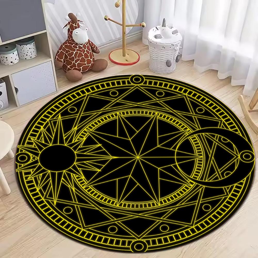 Dark Base Yellow Line Magic Pentagram round rug works as gaming chair floor mat for game room bedroom home decor