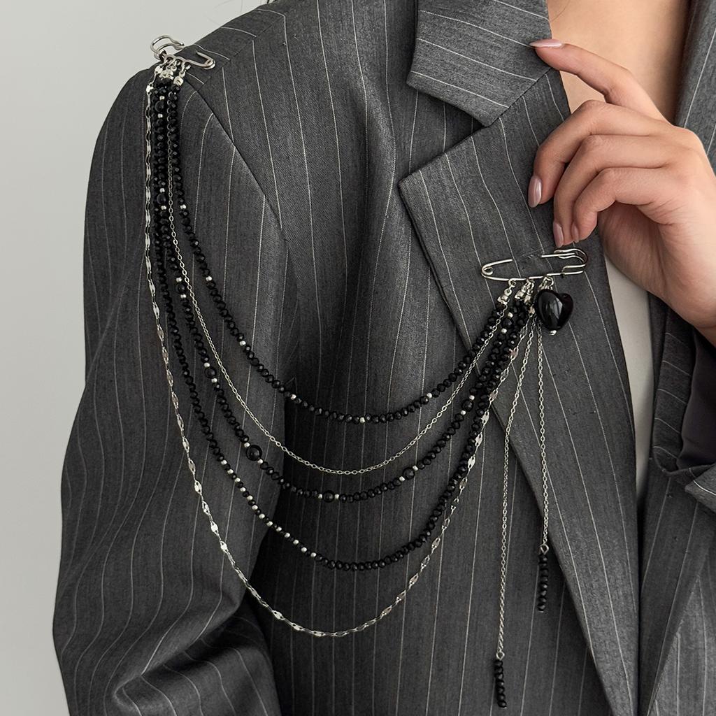 Ingemark Unique Black Crystal Beads Long Brooches Women Trendy Multi-layer Copper Chain Shirt Collar Suit Clip Pin Accessories